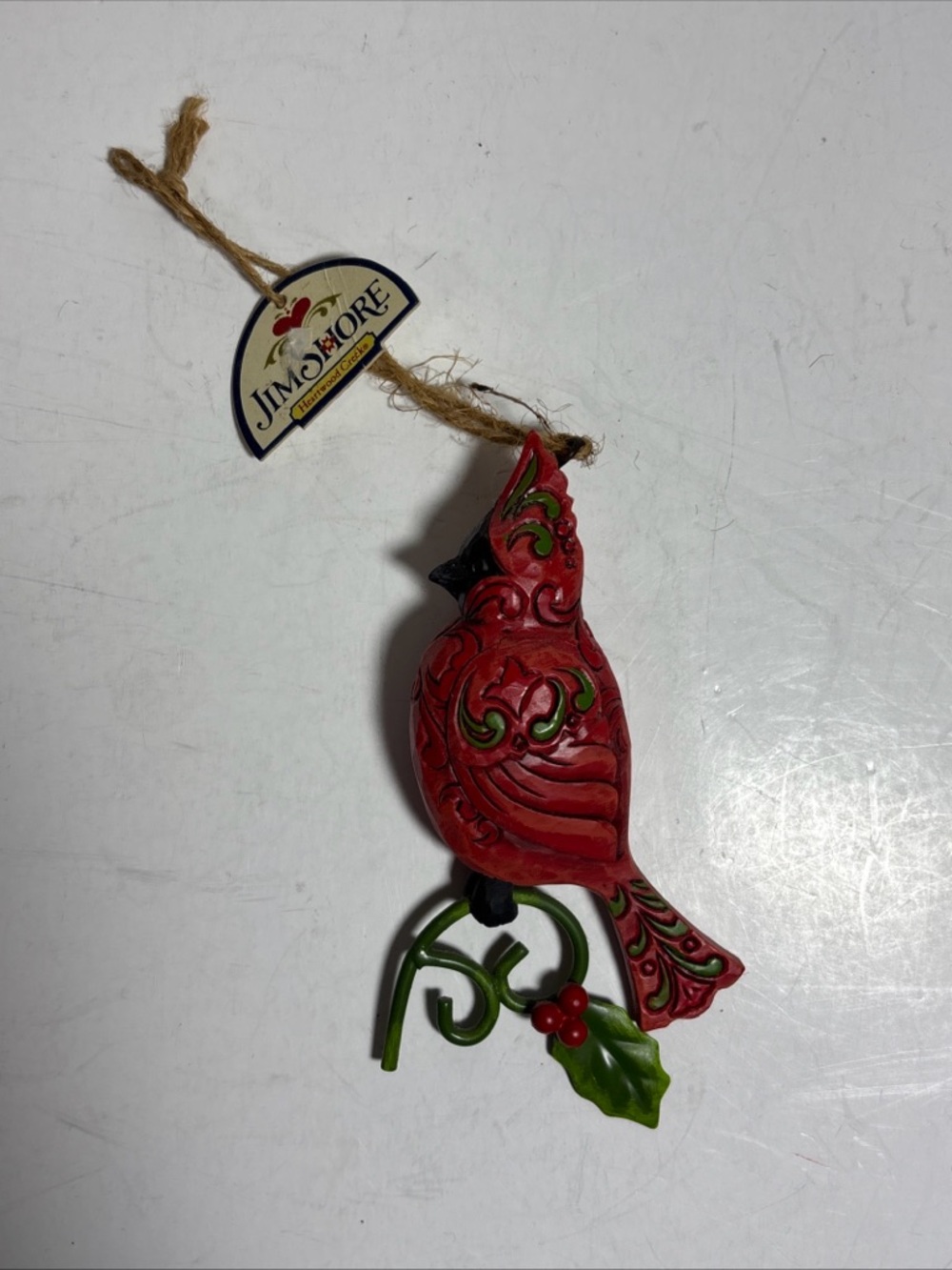 Jim Shore Heartwood Creek Cardinal on Holly branch Ornament, with tag 4.5 inch